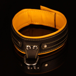 Wide leather collar with lining overhang.